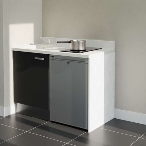 Kitchenette K08L - 120 cm avec plan monobloc et emplacement frigo top-Noir-Snova-évier à gauche
