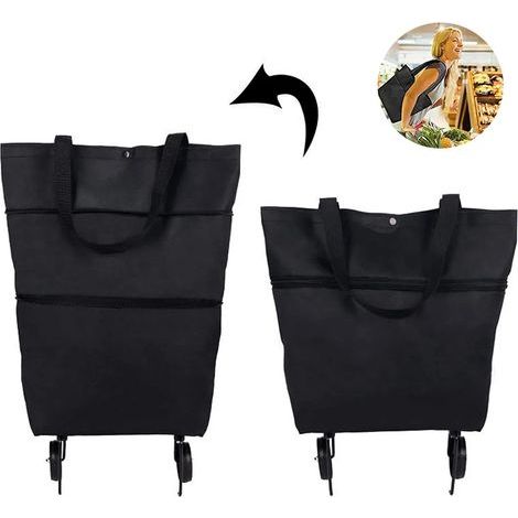 2-in-1 Faltbarer Einkaufstrolley, Faltbare Einkaufstasche mit zwei Fächern, Reißverschluss und Rollen, Faltbarer Trolley für Obst, Gemüse und mehr (1/5)
