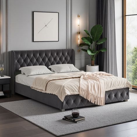 Bett 160 x 200 cm – Samtstoff – Ideale Stauraumlösung – Doppelbettrahmen 160 x 200 cm – Dunkelgrau