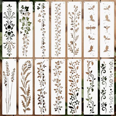 14pièces Pochoirs pour Peinture Réutilisable, 30x7.62cm Pochoir pour Dessin en Plastique Plantes Bricolage Bois Mur Maison Décor