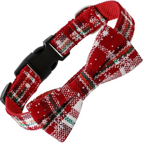 Collier Pour Chien - Collier Avec Nœud Papillon À Carreaux Buffalo Et Motif Flocon De Neige - Rouge - S M L (1/5)