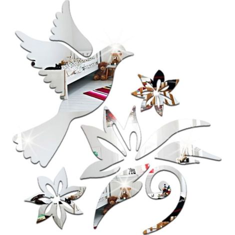 Acrylic Mirror Wall Stickers - Peace Dove and Flowers with Olive Branches for Wall Decoration - DIY Reflective Stickers (1/5)