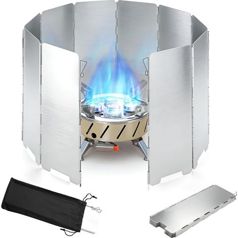 Réchaud à gaz pliable - 24 cm de haut - 10 pièces - En aluminium - Protection contre le vent - Pour réchaud de camping et barbecue à gaz - Avec sac de transport (1/5)