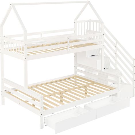 Litera infantil blanca con 2 cajones, escalera con almacenaje y techo 90x200 140x200 (1/5)