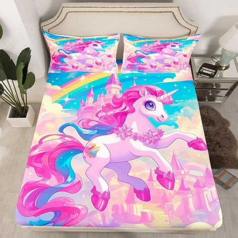 Drap Housse Fille 90x190 Licorne Rose, Drap-Housse Arc-en-Ciel Bohème Décoration d'anniversaire Licorne, Drap de Lit Castle Princess, Housse de Matelas avec 1 Taie d'oreiller (1/5)