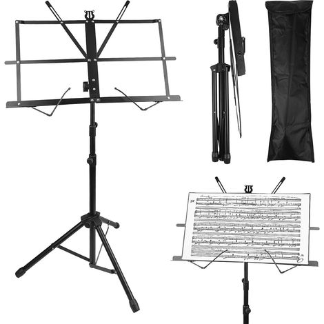 Pupitre Musique Pliable et Léger & Porte-livre 2 en 1, Pupitres de Musique Hauteur Ajustable, Support de Partitions en Métallique, Avec Sac de Transport, Pour Enfants et Adultes, Noir (1/5)