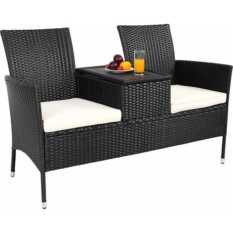 Banquette de jardin en polyrotin – Noir – 2 places – Coussins 7 cm – Table intégrée – Espace de rangement – Charge max 320 kg – Idéal pour jardin et balcon (1/5)
