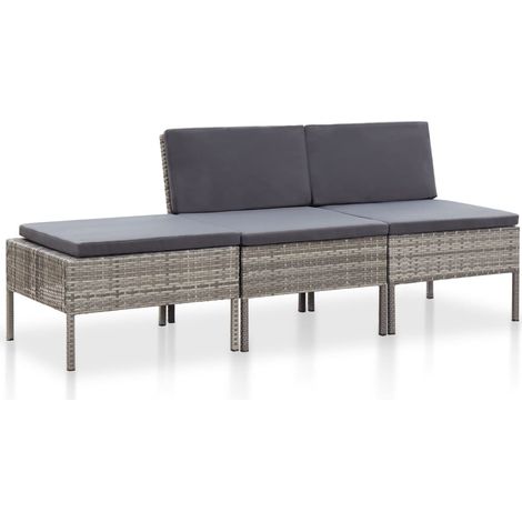 3-tlg. Garten-Lounge-Set mit Auflagen Poly Rattan Grau