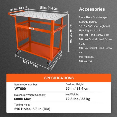 36" X 24" Welding Table With Wheels – 600 Lb Portable Workbench With Casters, Handle, Storage Tray, 5/8" Fixture Holes & Tool Slots – Heavy Duty Steel