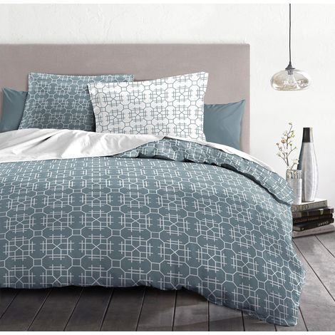 Housse de Couette - 3 Pièces 100% Coton - 57 Fils 2 Personne - 240x260 cm MILONGA Bleu (1/5)
