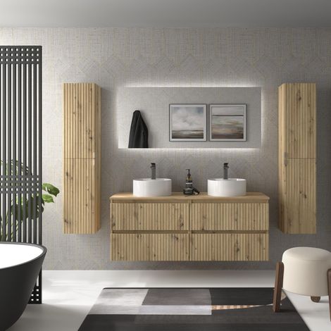 Mueble de Baño KIRA 140cm Roble 4 cajones Lavabo sobre encimera 2 pozas Porcelana (1/5)