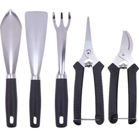 Ensemble de 5 outils de jardin en acier inoxydable – Truelle, râteau, sécateur et cisaille à fruits – Pour jardin, arbres fruitiers et vergers (1/2)