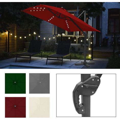 Wolketon Parasol Déporté 300x300CM, Jardin Extérieur Pliable, Base Croisée 360° Rotatif, Protection UV, LED, Rouge