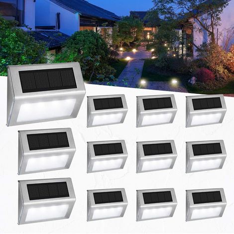 12PCS Blanc froide Lumière Solaire Extérieur pour Escalier, Lampe Solaire Étanche Inoxydable pour Escalier, Marches, Clôture, Cour, Terrasse, Chemin, Décoration (1/5)