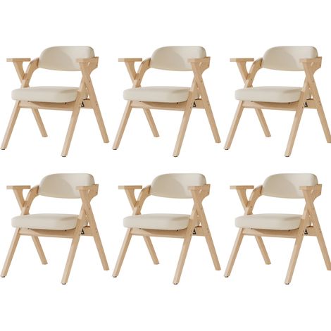 Lot de 6 chaises pliantes en bois massif avec coussins en lin beige pour salle à manger (1/5)