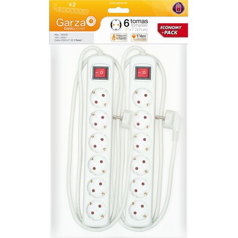 Garza Basic Power Economy Pack 2 unidades - Regleta Base múltiple de 6 tomas con interruptor 1.5mmX1.4m x2 Blanco
