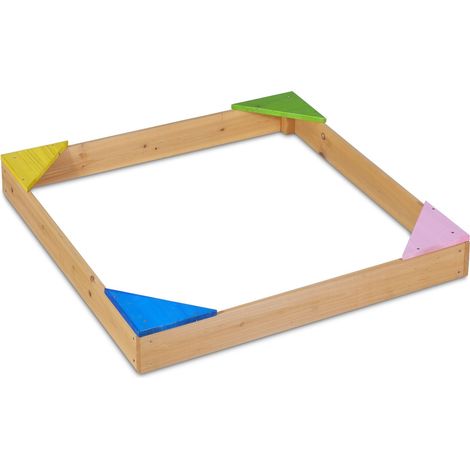 Bac à sable carré pour enfants avec assises d'angle 120 x 120 x 30 cm jeu extérieur coloré en bois de sapin naturel (1/3)