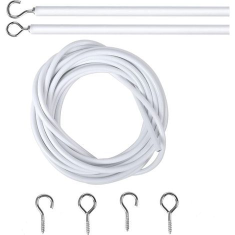 2M Cable pour Rideaux, Blanc Fil de Rideau avec 2 Pièces Piton à Visser Boulons à Oeil et 2 Pièces Crochets à Visser, Câble de Rideau Enduite de Plastique, Cable Rideau Tringle Rideau Souple