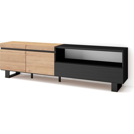Skraut Home - Mueble TV, Televisión, Muebles de salón, almacenaje, 200x57x35cm, Para TV hasta 80", Diseño industrial, Estilo Moderno, Roble y negro