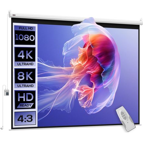 Schermo di proiezione motorizzato soggiorno 171 x 130 cm oscurante telecomando montaggio a parete moderno ed essenziale in plastica bianca 210000001