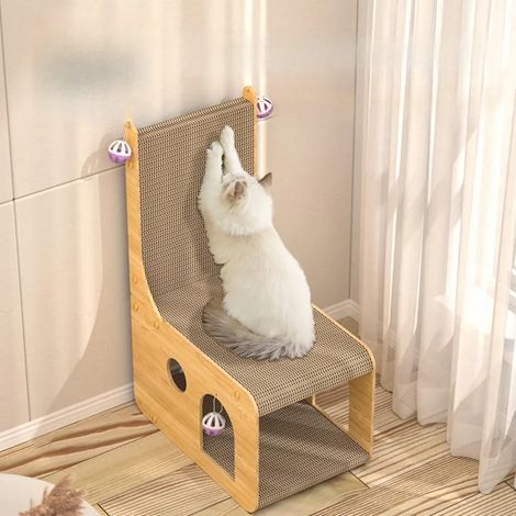 Griffoir et lit pour chat 2 en 1, design en forme de L, tapis à griffer en carton, maison pour chat avec jouet à balle et 4 balles à grelots incluses (1/5)