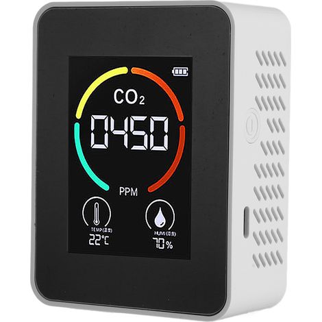 Détecteur de qualité de l'air 3 en 1 portable avec grand écran couleur : mesure précis du CO2, de la température et de l'humidité. Idéal pour la maison, l'école, le bureau et l'hôtel (blanc). (1/5)