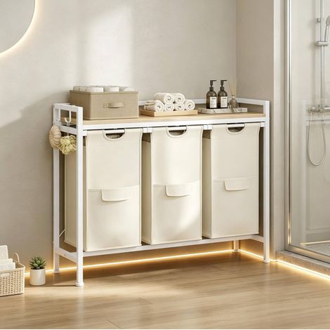Meuble de rangement avec 3 paniers à linge amovibles, 96 x 30 x 71 cm, blanc et chêne clair HAVRYA (1/5)