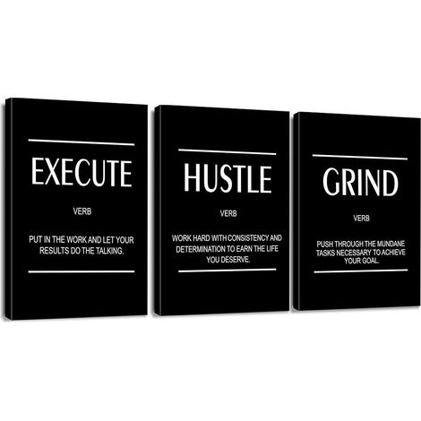 Lot de 3 tableaux sur toile "Execute Hustle Grind" 30x40cm, décoration murale moderne, prêt à accrocher (1/5)