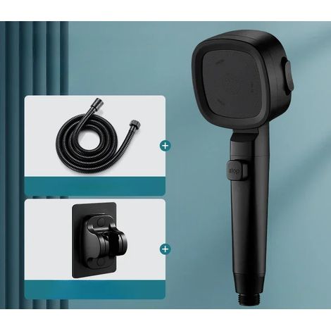 (Noir, comprenant le tuyau d'eau et le support) Pommeau de douche haute pression à économie d'eau, trois modes réglables, arrêt par un bouton, jet de massage. (1/5)