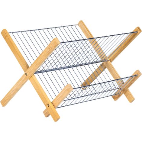 Égouttoir à Vaisselle Pliant en Bambou et Métal - Résistant à l'Humidité - Support pour Assiettes, Verres et Ustensiles - Rangement Compact et Gain de Place (1/5)