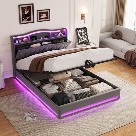 Letto contenitore 160x200 cm con rete a sollevamento idraulico - Struttura in velluto grigio - Testiera con vani contenitori, LED e stazione di ricarica USB/Type-C