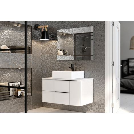 Mobile bagno sospeso 120 cm in legno bianco lucido con lavabo da appoggio - Liverpool - 120 cm Con specchio e lampada LED - Accessorio: Standard - Misura: 120 cm (1/5)