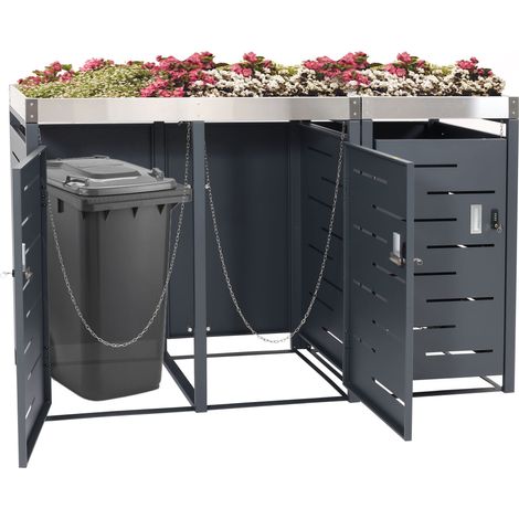 Habillage pour 3 poubelles HWC-H40b - abri pour poubelles - bac à plantes acier inoxydable-métal combiné 63kg 110x175x62cm exte (1/4)