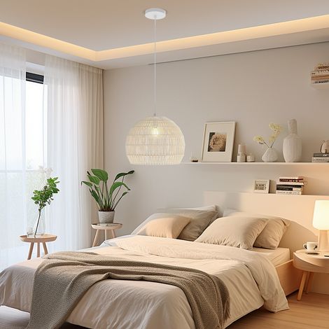 Suspension beige en corde de papier tressée avec hauteur réglable et armature métallique pour salon, chambre et salle à manger (1/5)
