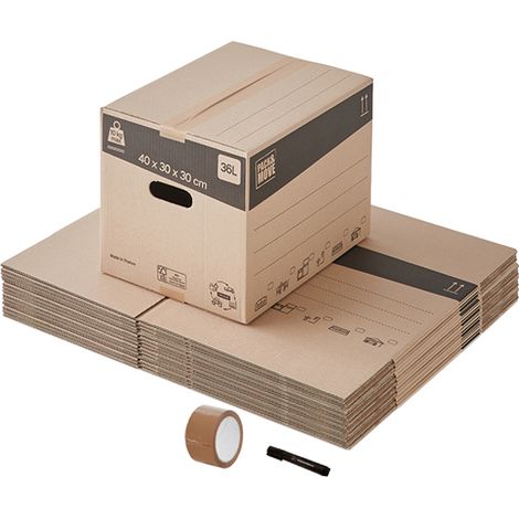 Kit déménagement standard 22 articles – 20 cartons 40x30cm – Poignées renforcées – Capacité 10kg – 1 marqueur et rouleau adhésif offerts – Pack And Move