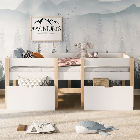 Lit enfant 90x190 cm avec tiroir et barrière de sécurité, bois massif de pin, blanc et chêne