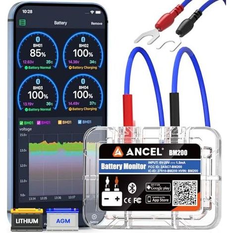 BM200Blue Monitor batteria Bluetooth 4.2 - Tester per batterie auto da 12 V per batterie al litio e al piombo con test di carico e allarme di avviamento. (1/5)