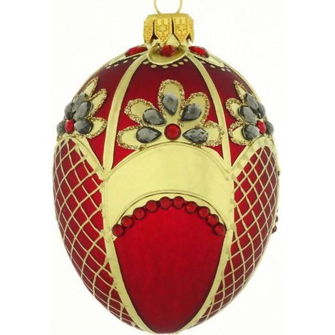 Pallina per albero di Natale in vetro con forma ovoidale rossa con decorazioni dorate da 10 cm (1/4)