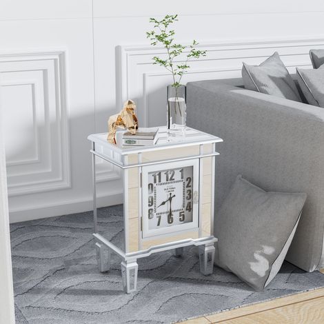 Modern Glass Nightstand Sofa Side Table Mirrored End Table with Clock (1/5)