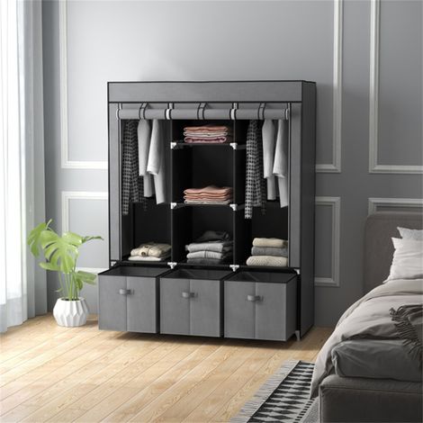 Stylish Dark Grey Fabric Wardrobe with Hanging Rods,Shelves,and Drawers for Organized Storage Solutions