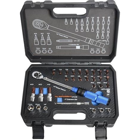 Clé Dynamométrique Réglable - 32 Pièces - Plage 5-25 Nm ±3% - Tête 1/4" - Barre d'Extension 10 cm - Douilles 6 7 8 10 13 mm