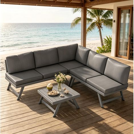 Salon de jardin d’angle 5 places avec table basse inclinable gris HAVRYA (1/5)