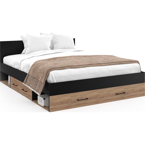 Idmarket – Lit double avec tiroirs 140x190 cm – Tête de lit 70 cm – Panneaux de particules hêtre et noir – 2 tiroirs de rangement (1/5)