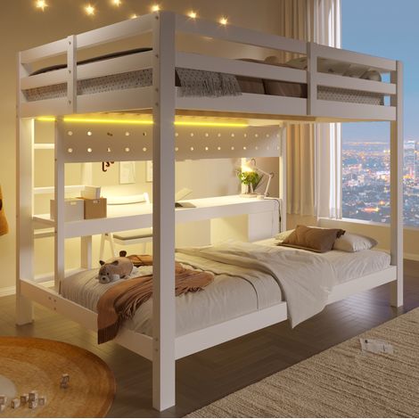 Letto a soppalco 140x200 cm bianco in pino con scrivania, cassetti e LED (1/5)