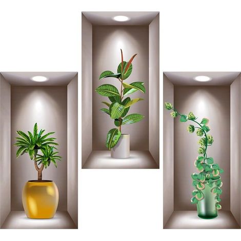 Lot de 3 autocollants muraux 3D en vinyle 3D pour salon, vases, plantes vertes - Pour chambre à coucher, bureau, cuisine - 40 x 20 cm (1/5)