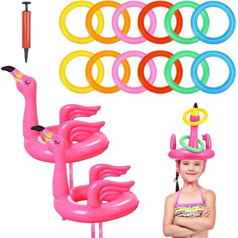 14-teiliges Flamingo-Ringwurfspiel für den Pool, aufblasbares Ringwurfset mit 12 Ringen, aufblasbares Flamingo-Spiel für sommerliche Poolpartys im Freien (1/5)