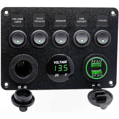 Boîte à fusibles à 5 voies, 12V/24V avec LED, panneau de commande avec deux ports USB, compatible avec les véhicules, les bateaux, les camions et les camping-cars. (1/5)
