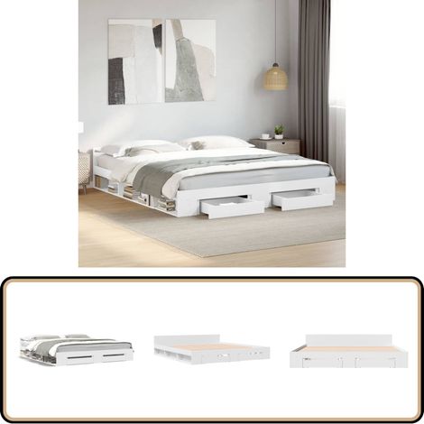 Cadre de lit avec tiroirs sans matelas blanc 180x200 cm - Cadre De Lit - Lit Double - Lit Avec Tiroirs - Meuble De Chambre - Rangement Sous Lit