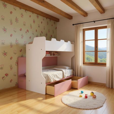 Letto a castello con scala contenitore e terzo letto estraibile - Cameretta salvaspazio - bianco e cipria