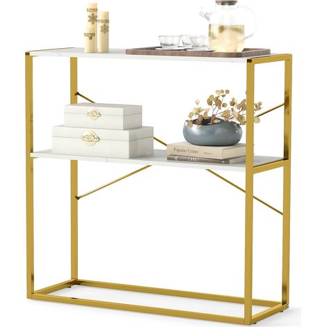 COSTWAY 90CM Console Table 2-Tier Entryway Table Marble Textured White (1/5)